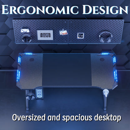 Scrivania da Gaming a Forma di Y con Luci LED RGB, Superficie in Fibra di Carbonio, Tavolo per Computer Ergonomico con Portabicchieri e Gancio per Cuffie, Postazione di Lavoro per Gamer, Ideale per Setup pz in Camera da Letto, Regalo di Natale, Compleanno