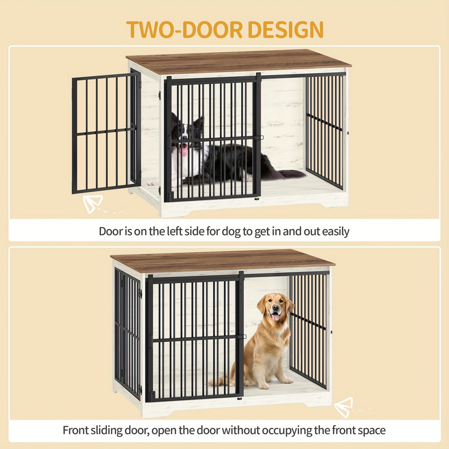 Gabbia per Cani Arredo, 110cm Gabbia per Cani, Cuccia Moderna Interna a Doppia Porta per Razze Medie e Grandi, Tavolino Laterale con Porte Scorrevoli Rinforzate 110 × 65 × 81cm