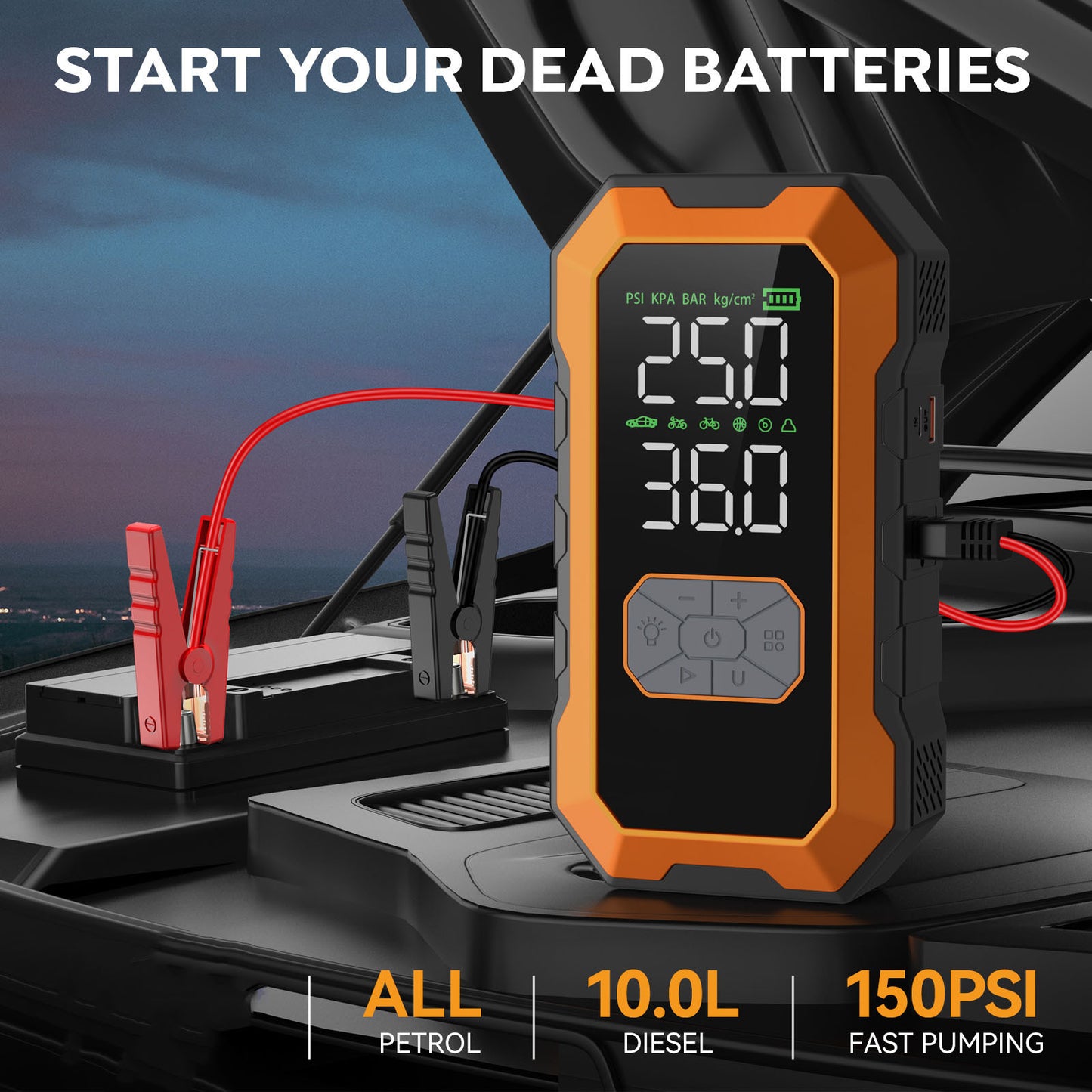Avviatore di emergenza per auto 12000A con compressore d'aria, pompa di gonfiaggio per pneumatici senza fili, booster per batteria con power bank e torce LED, scatola di avviamento automatico 12V per tutti i veicoli a benzina o diesel da 10.0L, doppio dis