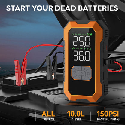 Avviatore di emergenza per auto 12000A con compressore d'aria, pompa di gonfiaggio per pneumatici senza fili, booster per batteria con power bank e torce LED, scatola di avviamento automatico 12V per tutti i veicoli a benzina o diesel da 10.0L, doppio dis