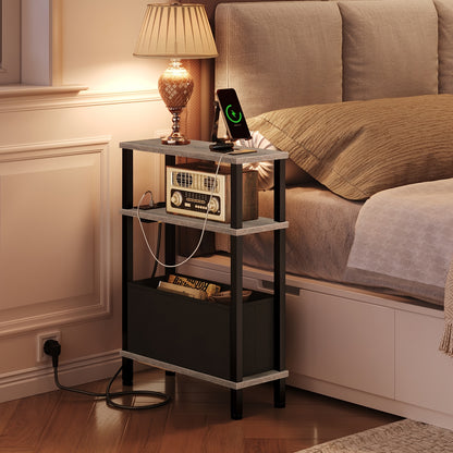 Tavolino Laterale Stretto a 3 Ripiani, Tavolino da Divano con Stazione di Ricarica, Comodino con Cassetto Rimovibile in Tessuto Non Tessuto, Tavolino da Divano in Stile Rustico, Adatto per Camera da Letto, Soggiorno, Ufficio, Molteplici Ambienti, Marrone