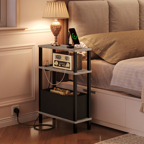 Tavolino Laterale Stretto a 3 Ripiani, Tavolino da Divano con Stazione di Ricarica, Comodino con Cassetto Rimovibile in Tessuto Non Tessuto, Tavolino da Divano in Stile Rustico, Adatto per Camera da Letto, Soggiorno, Ufficio, Molteplici Ambienti, Marrone