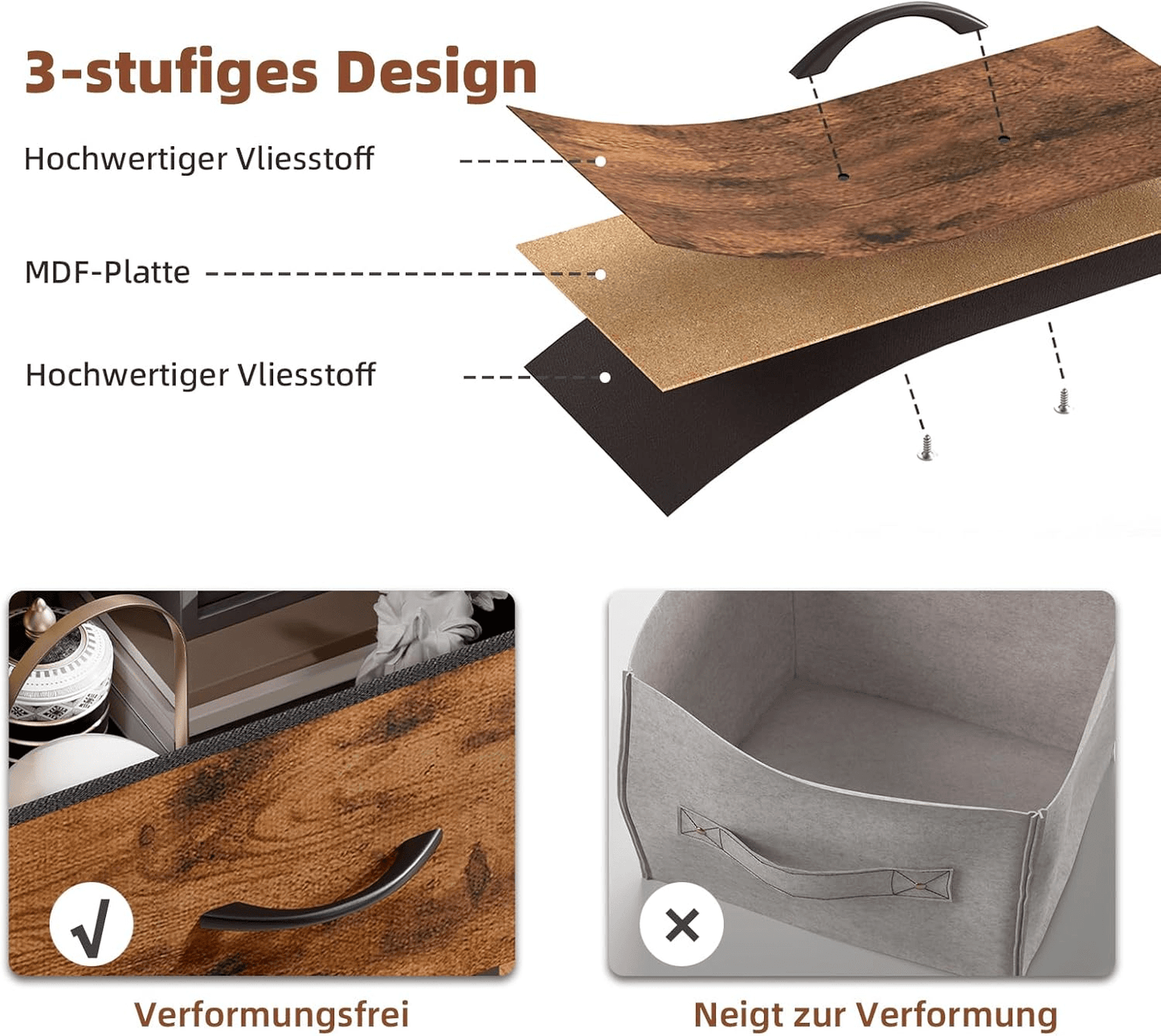 Cassettiera con cassetti, Cassettiera in tessuto per camera da letto, soggiorno, corridoio, Credenza, Mobile con cassetti, Mobile portaoggetti, 7 cassetti in tessuto, Effetto venatura del legno