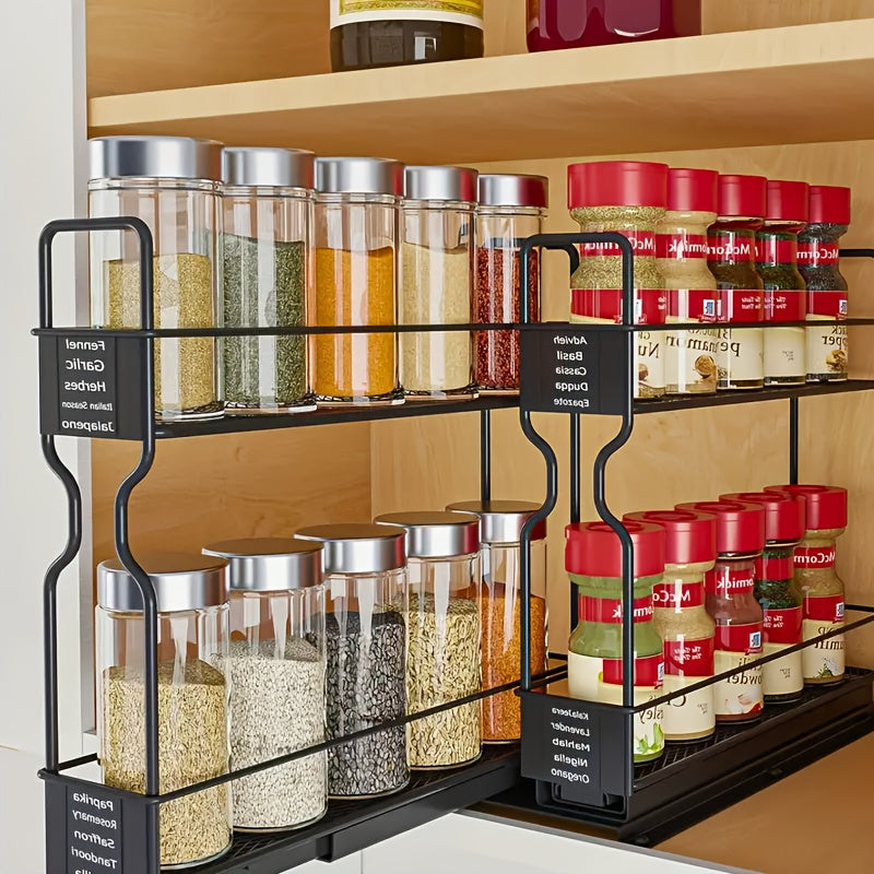 1 pz. Scaffale estraibile doppio nero per condimenti da cucina - Porta spezie salvaspazio con ripiano multiuso per piano di lavoro e mobile - Espande lo spazio con doppi strati ed elegante finitura nera
