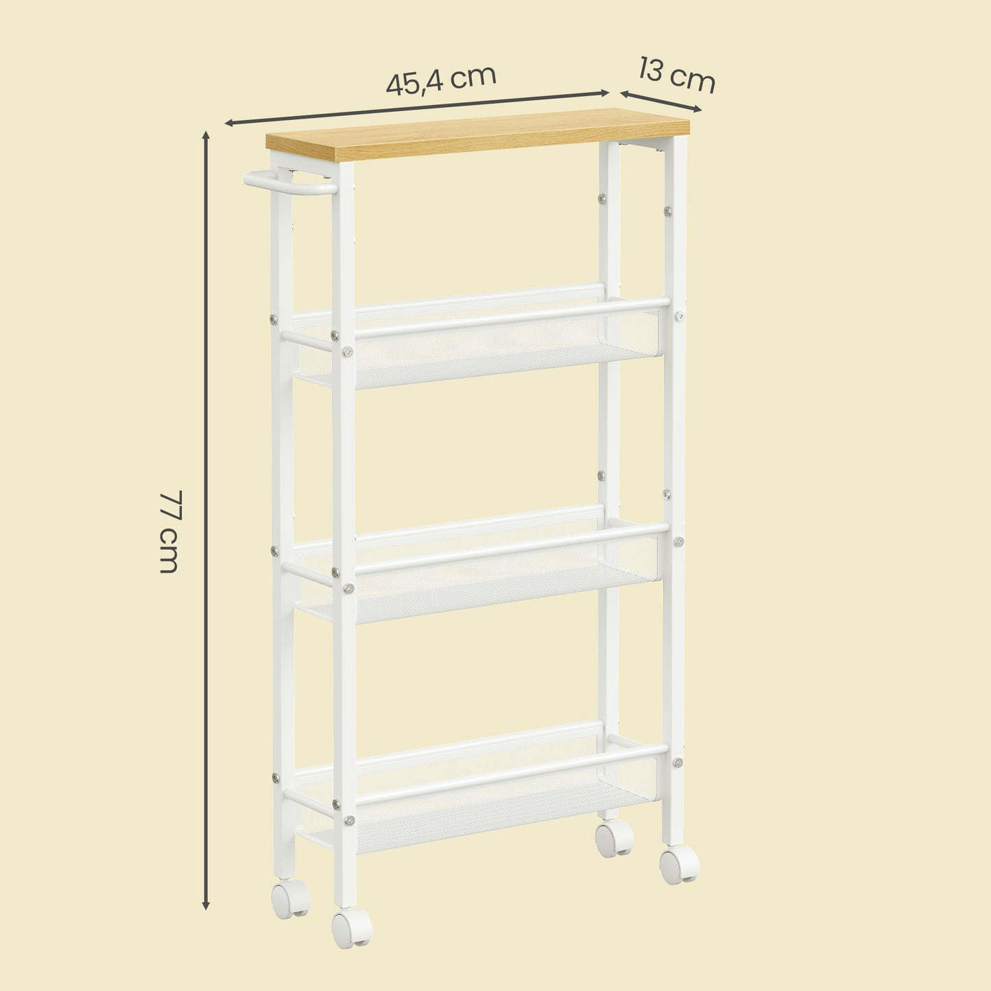 Carrello multiuso con rotelle, design sottile, si inserisce perfettamente negli spazi della cucina. Adatto per l'uso vicino alle cappe aspiranti, nei bagni e accanto ai frigoriferi.