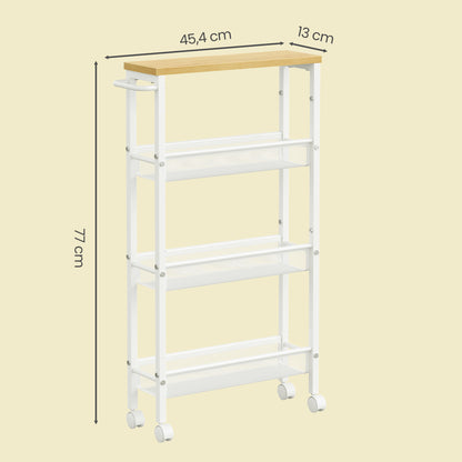 Carrello multiuso con rotelle, design sottile, si inserisce perfettamente negli spazi della cucina. Adatto per l'uso vicino alle cappe aspiranti, nei bagni e accanto ai frigoriferi.