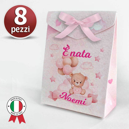 Set 8 Scatoline Bomboniere personalizzate con nome, Prima Nascita, Baby shower, scatole Portaconfetti + 4 mt. nastro raso, Festa nascita bimbo orsetto blu
