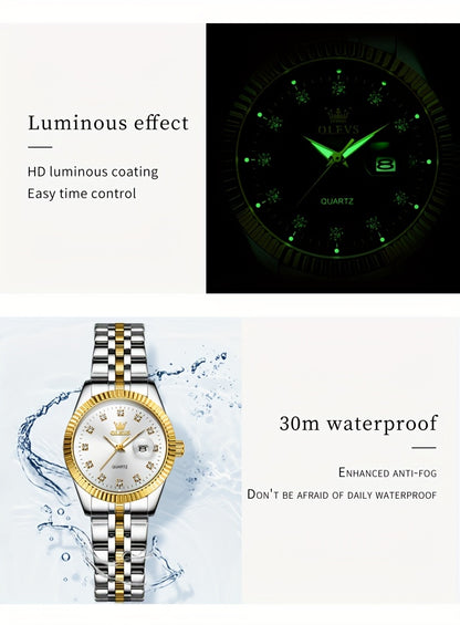 OLEVS Orologio da Donna Classico Business Dress Analogico Quarzo per Donne Elegante Lusso Acciaio Inossidabile Rheinstone Orologi da Donna Luminosi con Calendario Data per Donna Orologio da Polso Regali Romantici Reloj Para Mujer Quadrante Nero/Bianco/Dor