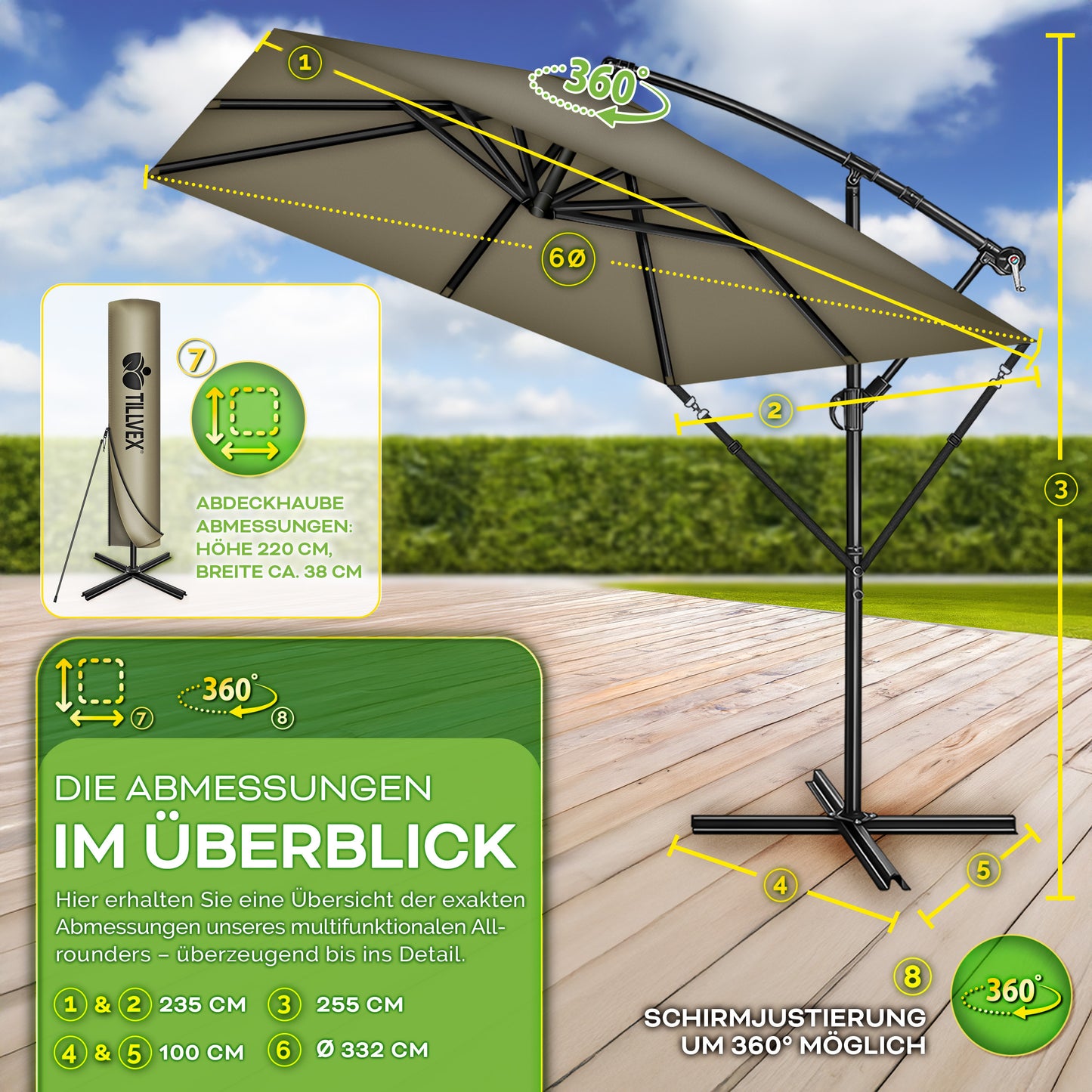 Tillvex® Parasole Rettangolare in Alluminio Ø 330 Cm + Copertura con Manovella | Schermo Angolare a Luce Rossa con Supporto & Parabrezza | Grande Parasole da Giardino in Alluminio Protezione UV | Schermo con Manovella Impermeabile Girevole a 360° per Terr