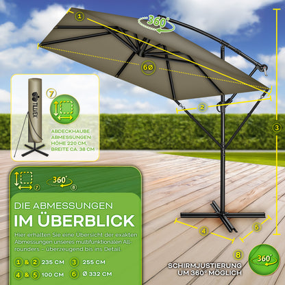 Tillvex® Parasole Rettangolare in Alluminio Ø 330 Cm + Copertura con Manovella | Schermo Angolare a Luce Rossa con Supporto & Parabrezza | Grande Parasole da Giardino in Alluminio Protezione UV | Schermo con Manovella Impermeabile Girevole a 360° per Terr