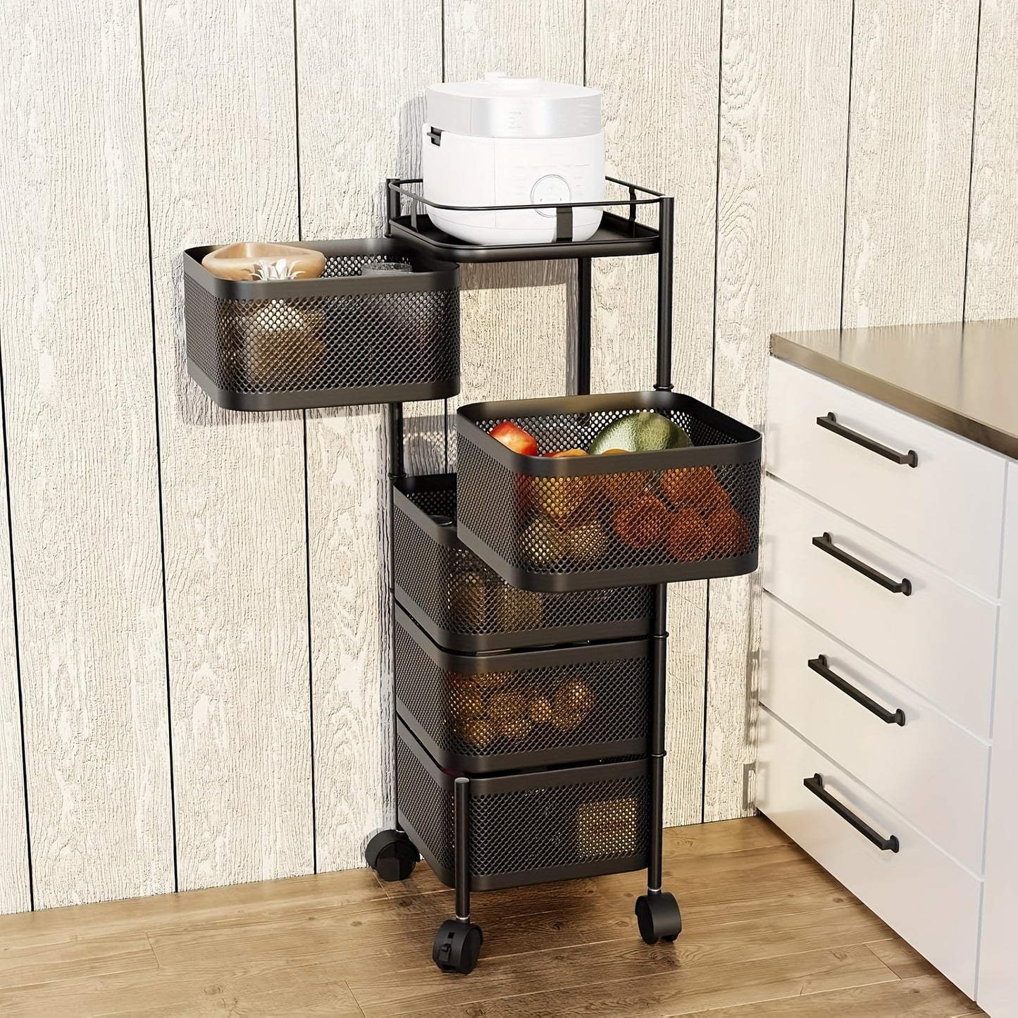 Carrello portaoggetti da cucina, carrello girevole a 5 ripiani con ruote, contenitore portafrutta per cucina, grande scaffale portaoggetti con rete traforata, portafrutta e verdure con coperchio superiore in metallo nero, mensola autoportante
