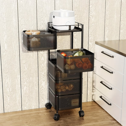 Carrello portaoggetti da cucina, carrello girevole a 5 ripiani con ruote, contenitore portafrutta per cucina, grande scaffale portaoggetti con rete traforata, portafrutta e verdure con coperchio superiore in metallo nero, mensola autoportante
