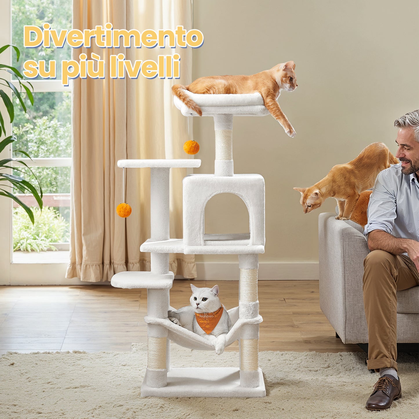 Albero per Gatti Multi Livello, Torre Tiragraffi per Gatti con 4 Pali Tiragraffi, Amaca, Grotta, Giochi