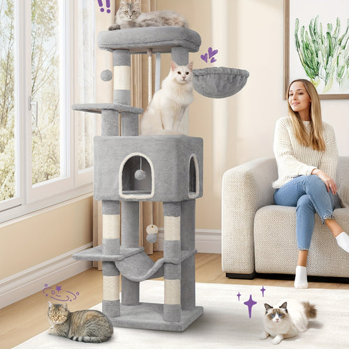 Albero per gatti, Albero per gatti da 149 cm, Tiragraffi per gatti con 5 tiragraffi, Grandi piattaforme, Caverna nido d'uccello, Centro attività per gatti a più livelli, Pompon, Grigio chiaro