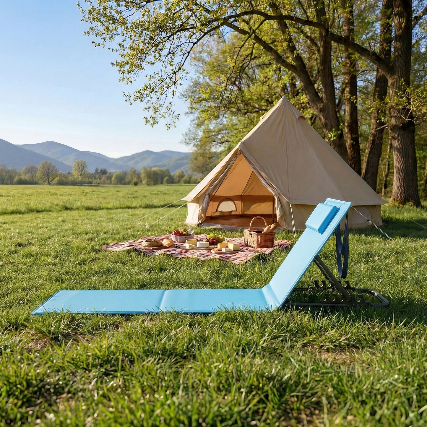 Lettino da Spiaggia, Sedia a Sdraio, Lettino Prendisole, Cuscino, Schienale Inclinabile, Portatile con Manico, per Campeggio Giardino Piscina, 158 x 55 cm, Grigio Ardesia/Azzurro Cielo/Blu Turchino/Grigio