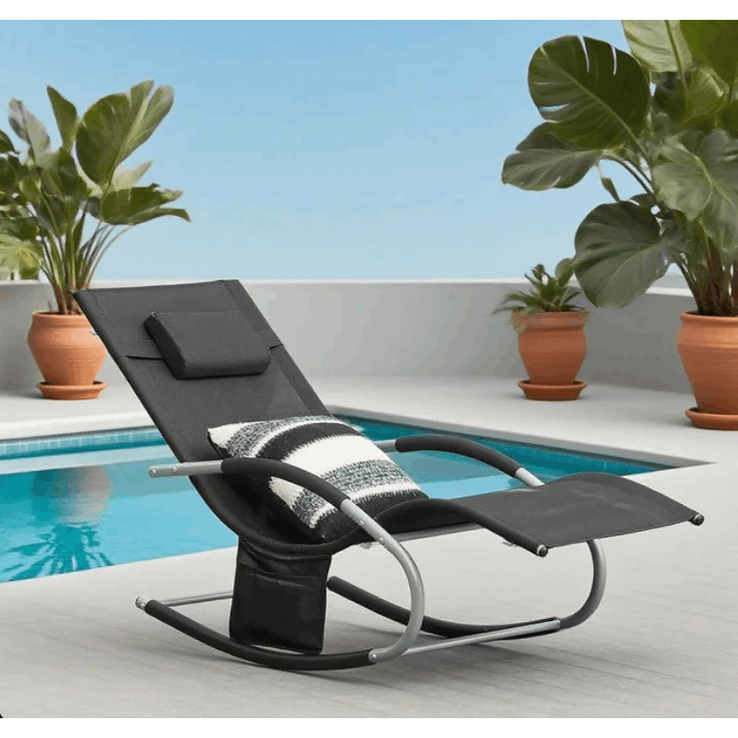 1 Pezzo Lettino Prendisole Lettino da Giardino Sdraio Relax Sedia a Dondolo da Esterno con Cuscino Poggiatesta Superficie Ergonomica Tessuto Resistente agli Agenti Atmosferici Struttura in Metallo Tasca Laterale Portata Massima 150 kg Terrazza Balcone Gia