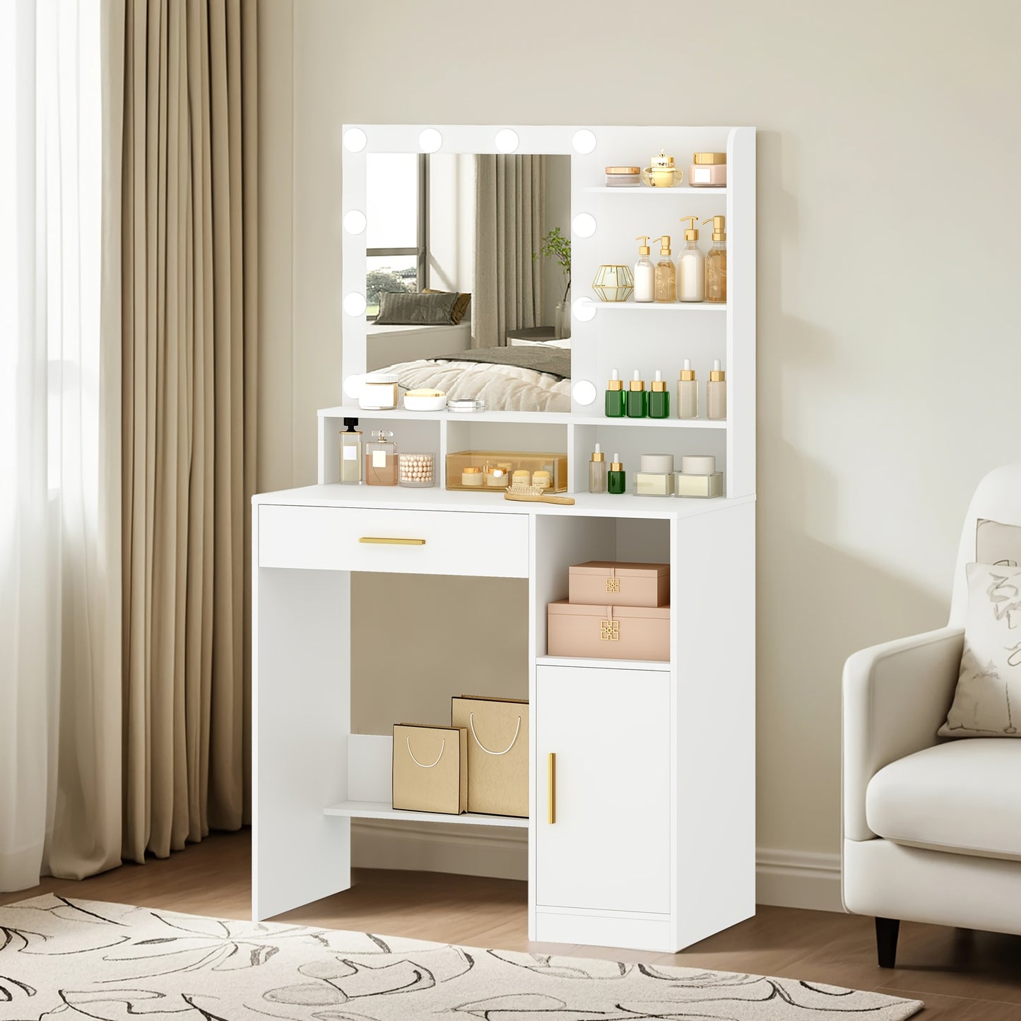 Toilette con Specchio e 10 Luci LED, Toilette con 3 Ripiani e 4 Scomparti Aperti, Toilette con Ampio Cassetto e Armadietto, 3 Livelli di Illuminazione Regolabili, Bianco, Greige