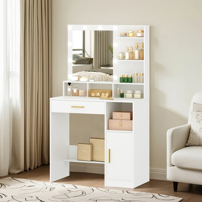 Toilette con Specchio e 10 Luci LED, Toilette con 3 Ripiani e 4 Scomparti Aperti, Toilette con Ampio Cassetto e Armadietto, 3 Livelli di Illuminazione Regolabili, Bianco, Greige