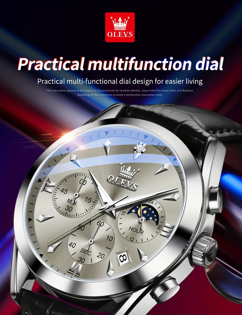 OLEVS Orologio da Uomo Classico Cronografo Cuoio Marrone Cassa Dorata Analogico Quarzo Moda Business Abito Quadrante Grande Orologio da Uomo Giorno Data Luminoso Casual Orologio da Polso Maschile Regali Romantici Relojes De Hombre Quadrante Blu/Nero/Bianc