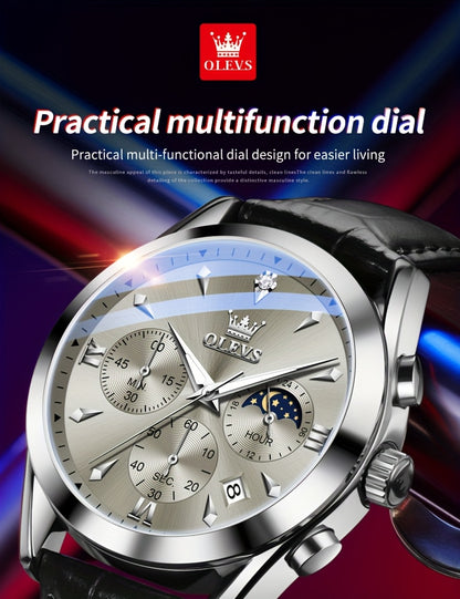 OLEVS Orologio da Uomo Classico Cronografo Cuoio Marrone Cassa Dorata Analogico Quarzo Moda Business Abito Quadrante Grande Orologio da Uomo Giorno Data Luminoso Casual Orologio da Polso Maschile Regali Romantici Relojes De Hombre Quadrante Blu/Nero/Bianc