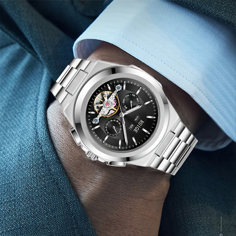 Orologio da uomo elegante automatico meccanico con cinturino in acciaio inossidabile, con funzioni business e sportive, display multipli, calendario, lancette luminose e design scheletrato. Un regalo perfetto per uomo.