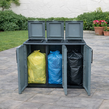 Buystar Mobile Raccolta Differenziata 300L con 3 Scomparti – Armadio Pattumiera Basso in Plastica Riciclabile con Coperchi, Anelli Portasacco – Contenitore Rifiuti con Ante e Cerniere in Acciaio – Uso Interno ed Esterno – 102x37xH84 cm