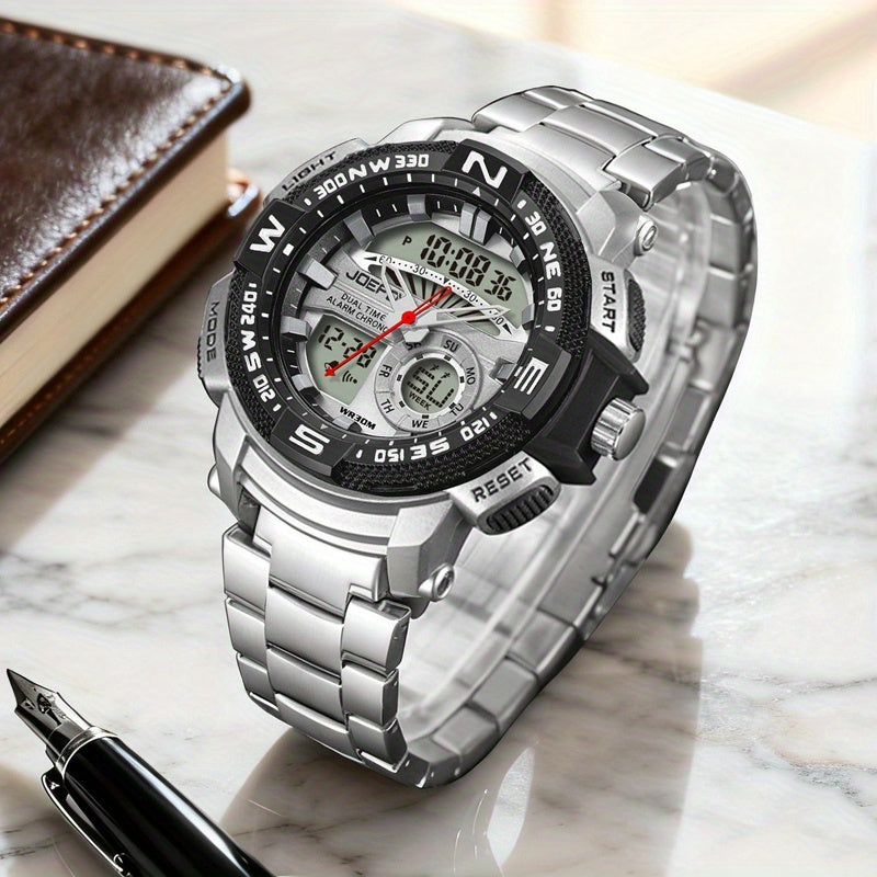 JOEFOX Orologio Sportivo da Uomo di Lusso con Doppio Display - Quadrante Grande, Luce Notturna LED, Impermeabile 3ATM, Cronografo e Sveglia, Orologio da Polso Stile Field da Uomo
