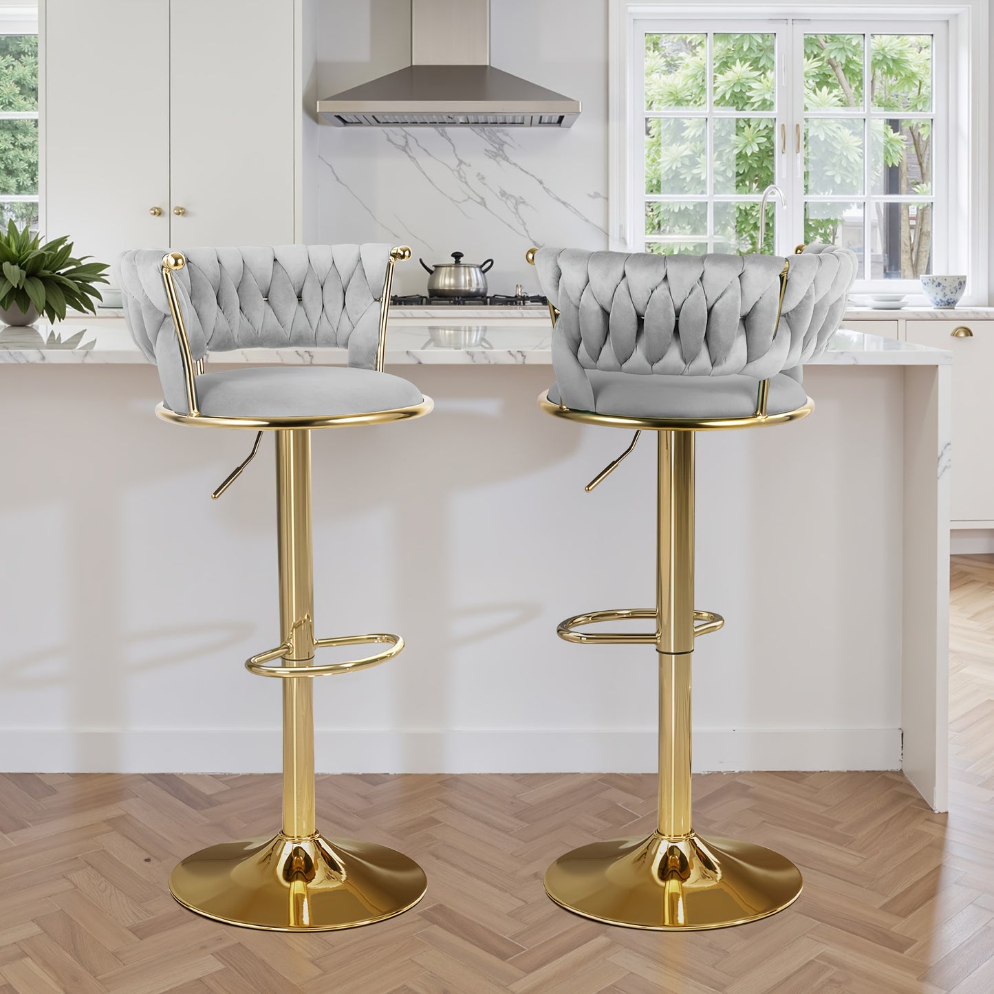 Set di 2 sgabelli da bar moderni girevoli in velluto intrecciato, sgabello, sgabello da bar girevole a 360° con schienale e altezza regolabile, sgabelli da bar alti in metallo dorato per isola cucina, per Natale, festival, regalo di Capodanno