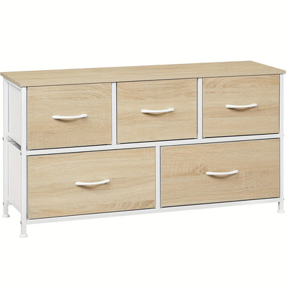 1 pz Cassettiera, Mobile a Cassetti, Telaio in Metallo, Realizzata in Legno, 5 Cassetti in Tessuto Non Tessuto, Utilizzabile come Comodino, Credenza, Mobile TV, Adatta per Camera da Letto, Soggiorno, Corridoio, Multifunzionale, Contenitore per la Casa, Ca