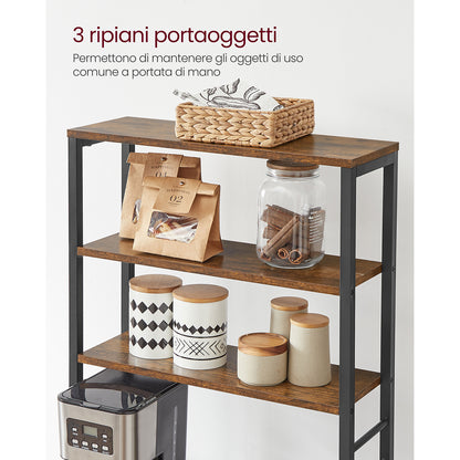 VASAGLE Scaffale Portaoggetti da Cucina, Stazione Caffè, Griglia da Forno, con 6 Ripiani e 6 Ganci, Adatto per Microonde, Struttura in Acciaio, Stile Industriale, Dimensioni 40 X 60 X 167 Cm