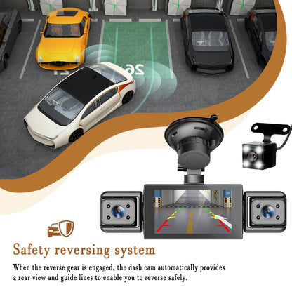 Dash Cam per auto a 4 lenti, IPS da 7,62 cm, visione notturna HD 1080P, registrazione a 360° anteriore/posteriore/sinistra/destra, alimentazione per veicolo 12-24 V, scheda di memoria opzionale, batteria ricaricabile, per taxi/camion