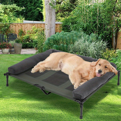Letto per Cani da Campeggio Rialzato L/XL/2XL - Lettino Esterno di Alta Qualità con Tappetino Traspirante e Morbidi Tappeti in Peluche, Struttura Robusta per Cani Grandi, Poliestere Resistente ad Tutte le Condizioni Atmosferiche, Montaggio Facile e Design