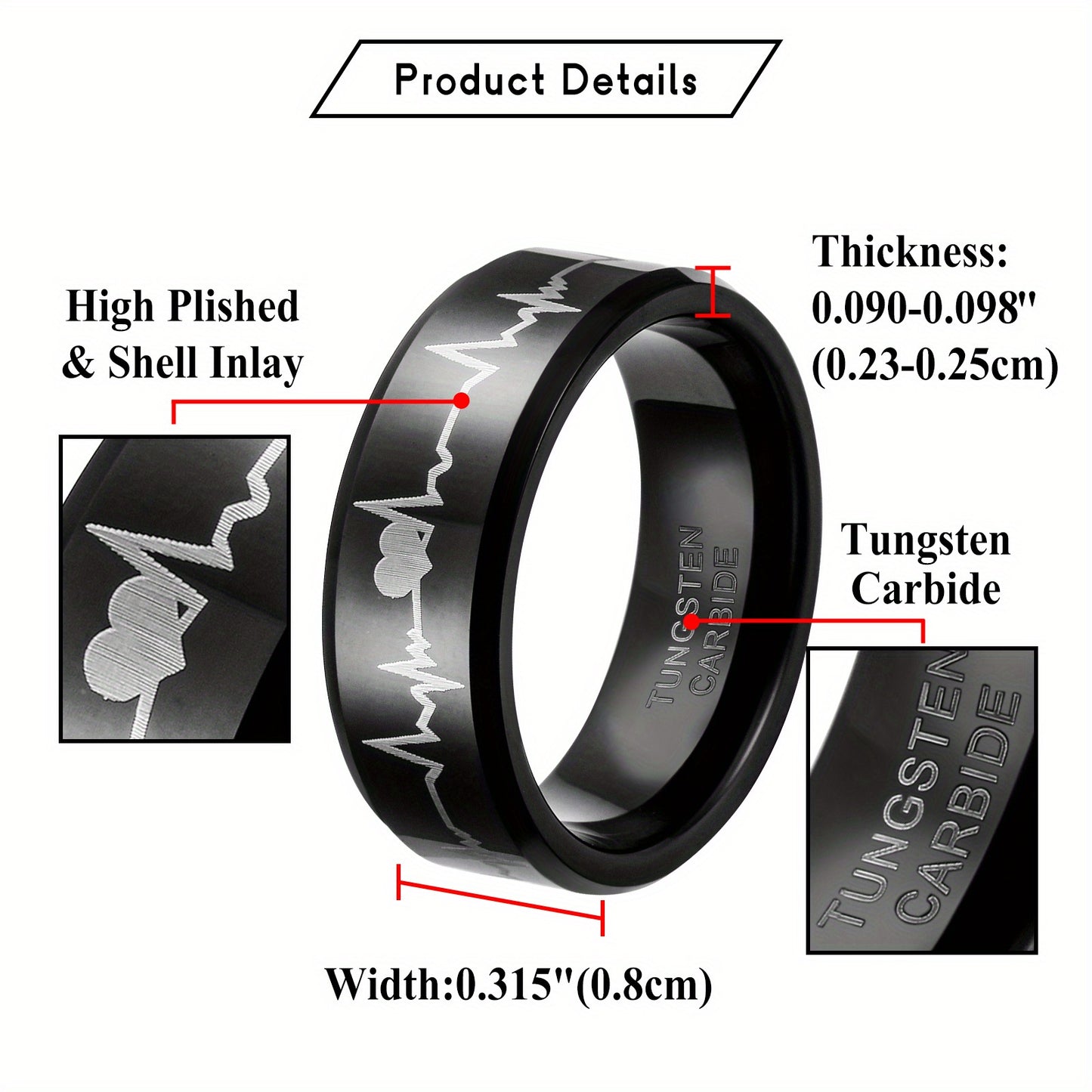 Anello di coppia JewelryWe in carburo di tungsteno con cuori e battito cardiaco, anelli per partner, anelli 'amicizia, fedi nuziali, anelli di fidanzamento, fascia, nero