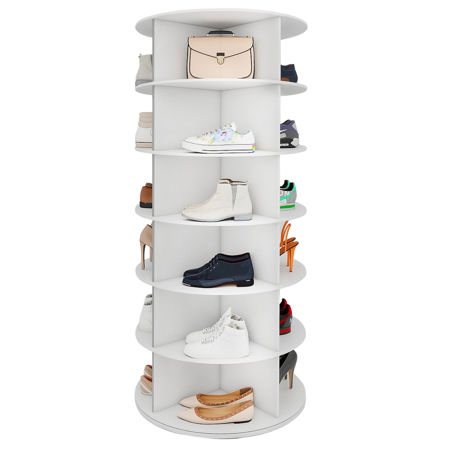 Torre portascarpe girevole a 5/6/7 ripiani per 20/24/28 paia di scarpe, espositore girevole a 360° bianco, organizzatore Lazy Susan, scaffale portascarpe a carosello rotondo, carosello verticale per cappelli e borse