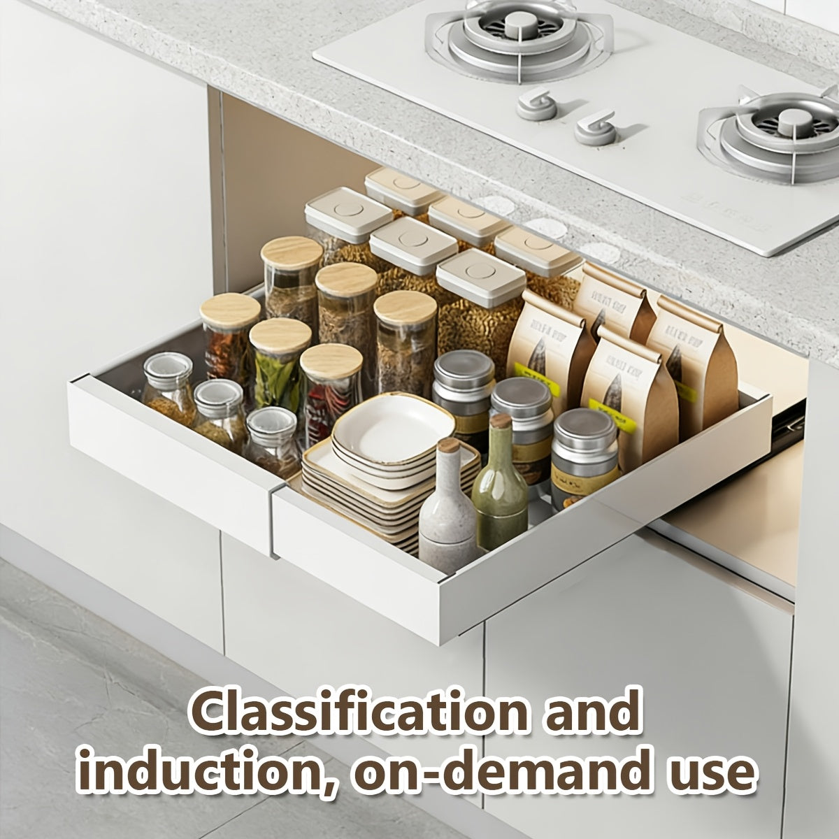 Organizzatore per pensili estraibile espandibile per carichi pesanti, con 3 guide silenziose, larghezza regolabile (30,99 cm-51,99 cm), adatto per pensili da cucina, ripiani estraibili per pensili