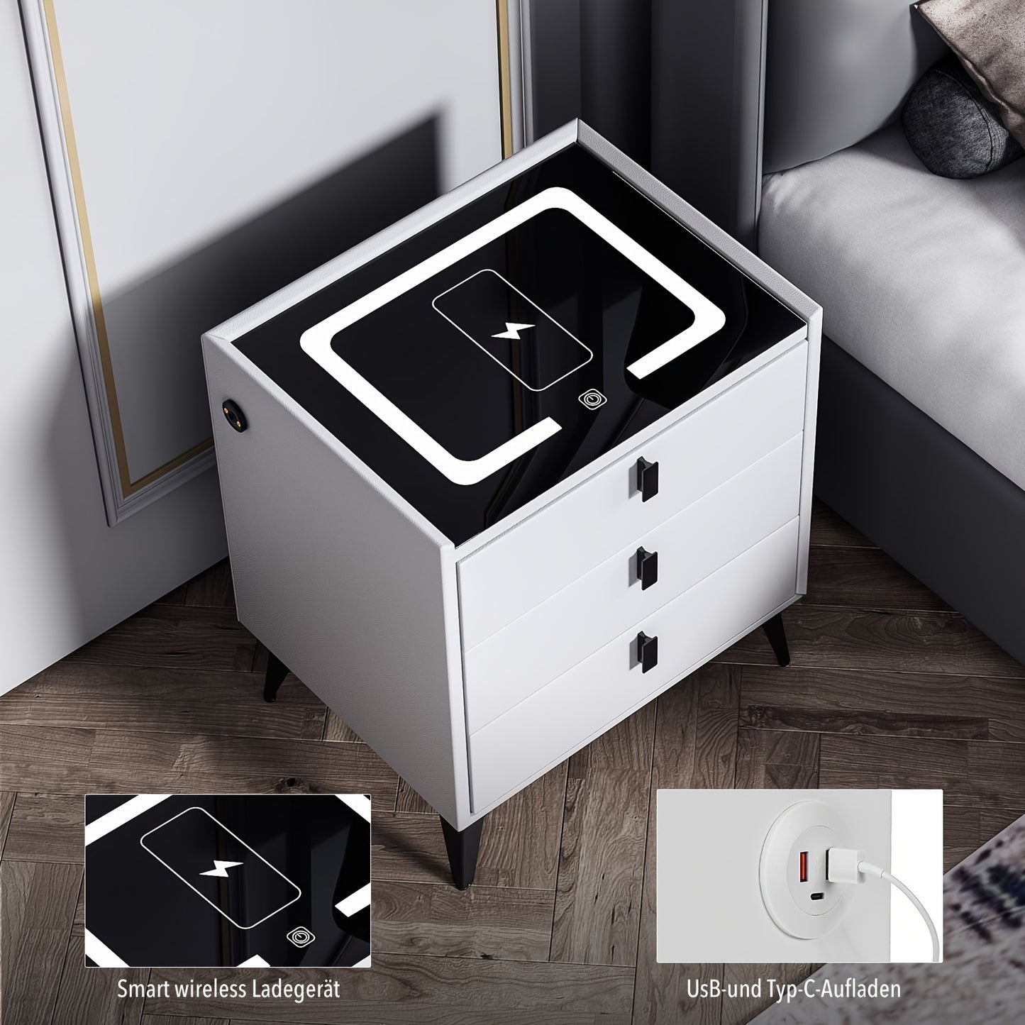 Comodino Nero/Bianco, Comodino con Luci LED Regolabili e 3 Cassetti, Organizer per Comodino Lucido per Camera da Letto