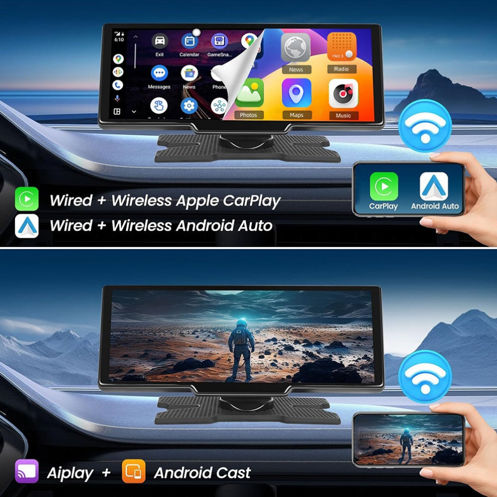 PODOFO 26.06cm Wireless Carplay Android Auto, Autoradio Portatile con Dash Cam 2.5K, Telecamera di Backup 1080P, Navigazione Car Play Controllo Vocale, Chiamata/Musica a Mani Libere, Trasmettitore AUX/FM, Scheda TF 64GB Gratuita, Regali di Buon Natale, Re