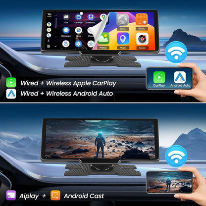 PODOFO 26.06cm Wireless Carplay Android Auto, Autoradio Portatile con Dash Cam 2.5K, Telecamera di Backup 1080P, Navigazione Car Play Controllo Vocale, Chiamata/Musica a Mani Libere, Trasmettitore AUX/FM, Scheda TF 64GB Gratuita, Regali di Buon Natale, Re