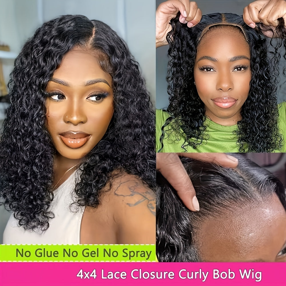 Parrucca in capelli umani senza colla, indossa e via - parrucca bob riccia kinky densità 150% con chiusura in pizzo HD 4x4, nessuna colla necessaria, aspetto naturale e facile da indossare