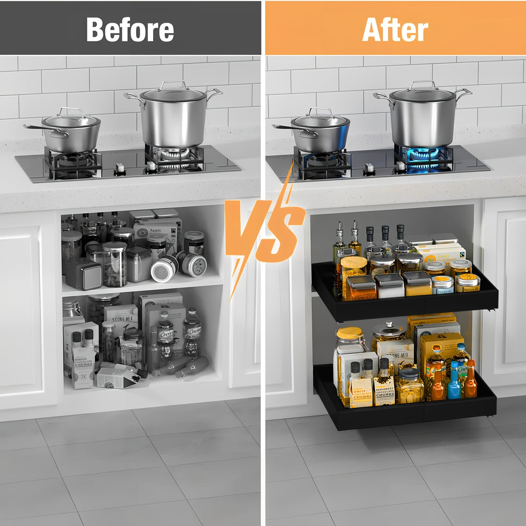 Organizzatore Espandibile per Armadi con Pellicola Adesiva, Larghezza Regolabile da 31cm a 52cm, Cassetto in Metallo Resistente per Pensili di Base, Dispensa e Bagno, Bianco & Nero, Meccanismo Scorrevole Fluido, Facile Installazione, Offerta HOT Devesante