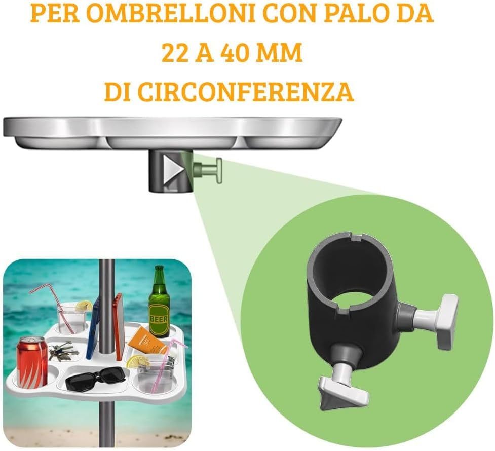 Cecaro Group Tavolino Porta Oggetti per Ombrellone 35x35 cm – Tavolo Universale con Morsetto Regolabile 22-40 mm – Ideale per Mare, Spiaggia, Giardino e Piscina