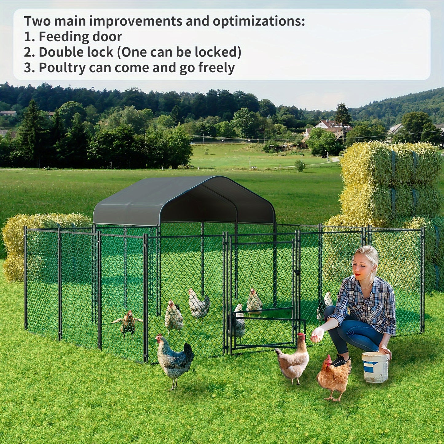 Gallinaccio da esterno in metallo: Gallinaccio in metallo zincato resistente, recinto per pollame, gabbia a visitatore, con copertura Oxford anti-ultravioletti e copertura resistente all'acqua, per galline, anatre, oche da esterno, per cortile, fattoria
