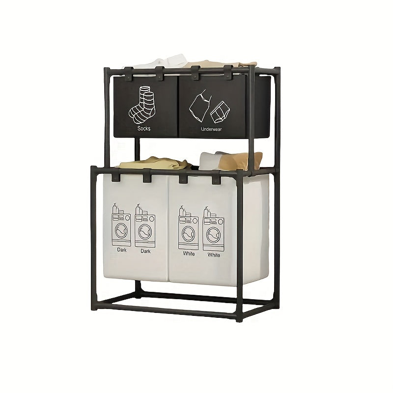 Cesto portabiancheria pieghevole a doppio strato con 4 sacche rimovibili, cestello multifunzionale salvaspazio, materiale resistente, design pieghevole, facile installazione, cesto per la biancheria, design nero moderno, adatto per camera da letto, bagno
