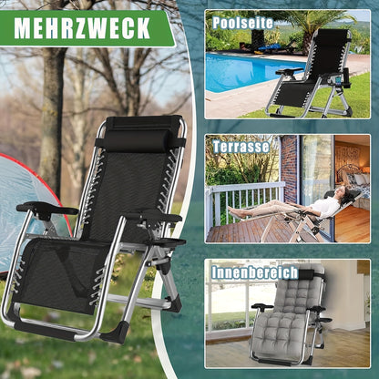 Poltrona Reclinabile ad Alta Gravità Zero Extra Larga 72Cm/28Pollici | Sdraio Pieghevole da Esterno con Cuscino e Poggiatesta Rimovibili, Chaise Lounge Portatile per Abbronzatura con Portabicchieri, Sedie Reclinabili da Esterno per Piscina, Spiaggia, Balc