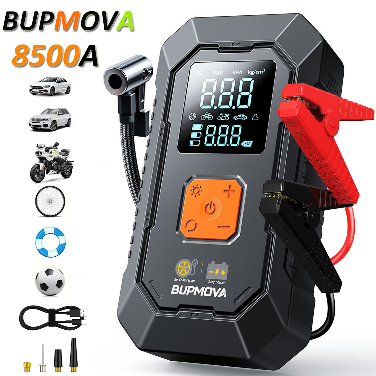 Avviatore di emergenza per auto 8500A con compressore d'aria, pompa di gonfiaggio per pneumatici senza fili, booster per batteria con power bank e torce LED, doppio display della pressione dell'aria
