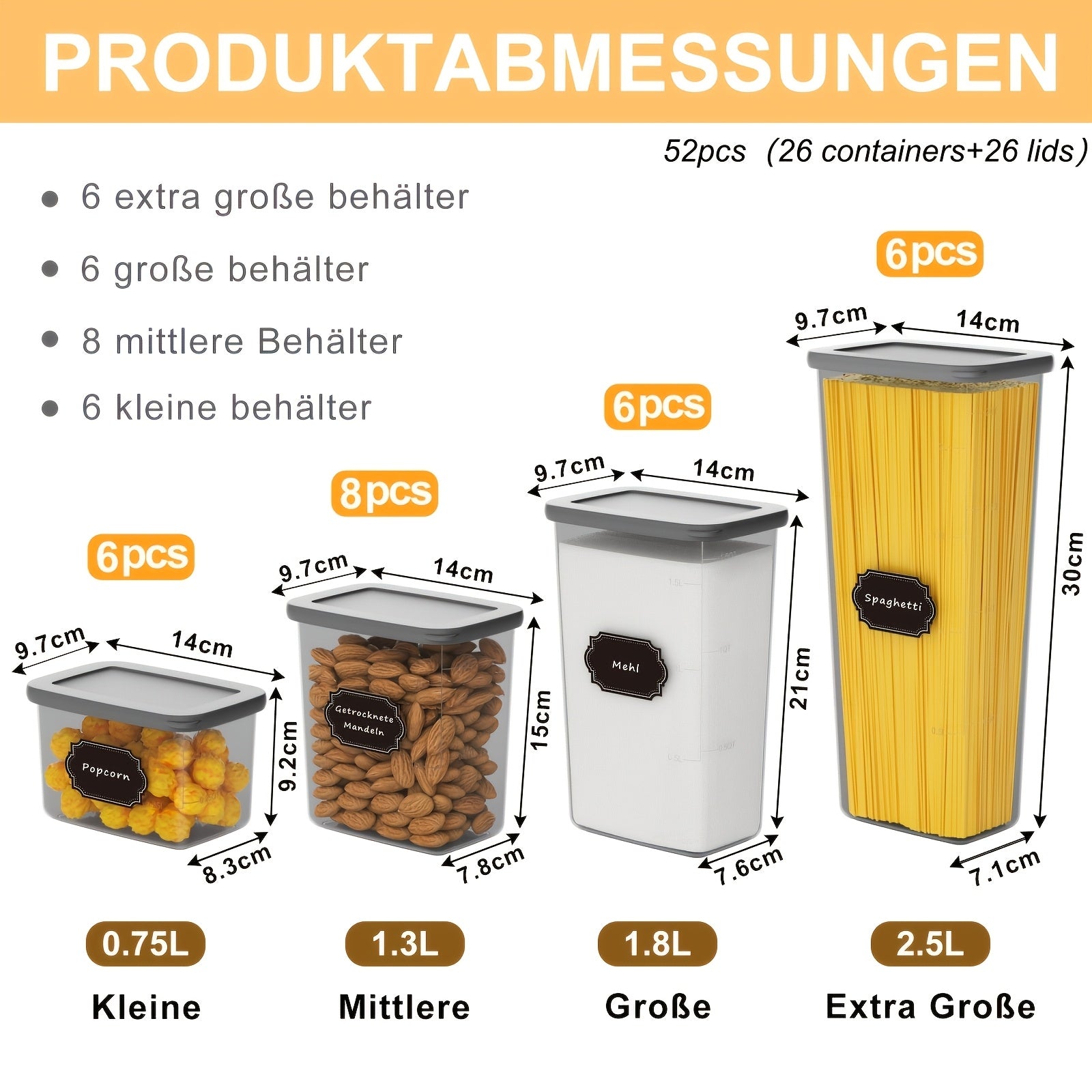 Kit di 52 contenitori per alimenti in plastica sigillati - 26 contenitori + 26 coperchi | Speciali per cereali/farina/semi di caffè/flakes di mais - Articolo da cucina con coperchi