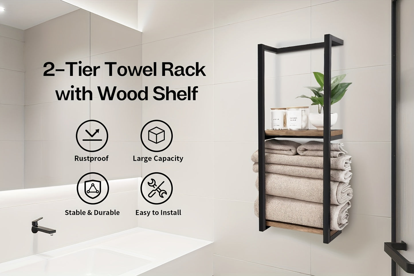 Mensola da bagno da parete di design - Mensola portaoggetti in legno stile country francese con ripiani in legno resistente e telaio in acciaio, organizzatore da parete per asciugamani e articoli da toeletta adatto per bagni moderni, spa, suite padronali,
