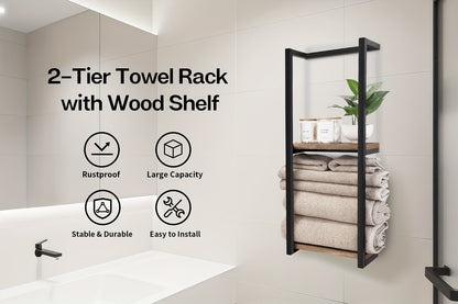 Mensola da bagno da parete di design - Mensola portaoggetti in legno stile country francese con ripiani in legno resistente e telaio in acciaio, organizzatore da parete per asciugamani e articoli da toeletta adatto per bagni moderni, spa, suite padronali,