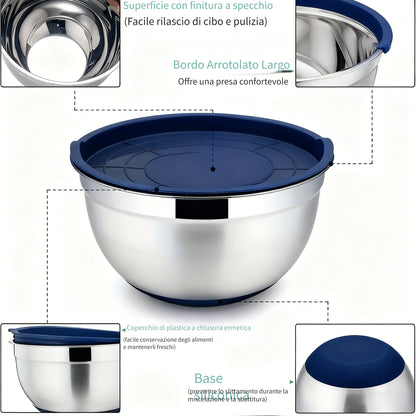 Set da 22 pz/10 pz di Ciotole per Insalata Avanzate in Acciaio Inossidabile con Coperchi, Base della Ciotola in Silicone Aggiornata, Gruppo di Ciotole per Insalata Impilabili, Lavabili in Lavastoviglie, 5L, 4.5L, 4L, 2.4L, 1.7L, 1.3L, 0.8L, Confezione Mis