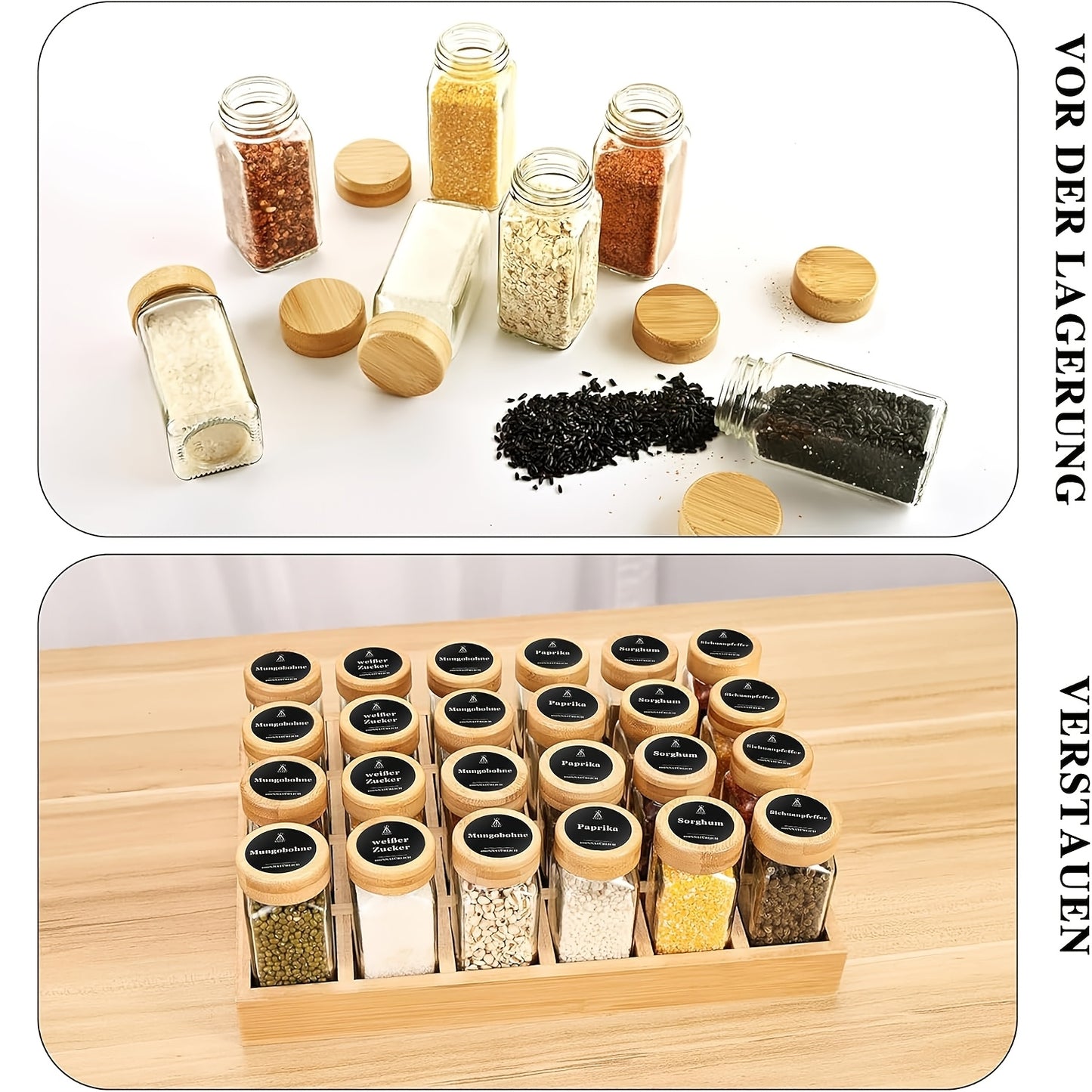 Set da 24 barattoli per spezie con portaspezie in bambù, barattoli per spezie in vetro con etichette nere in tedesco e coperchi ermetici in bambù, contenitore per spezie con imbuto grande in acciaio inossidabile, organizzatore per spezie facile da spostar